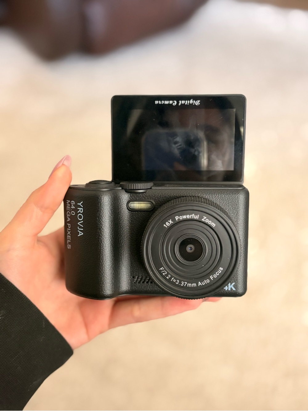 Yrovja Black 4K Digital Camera with Flip Screen and 16x Zoom